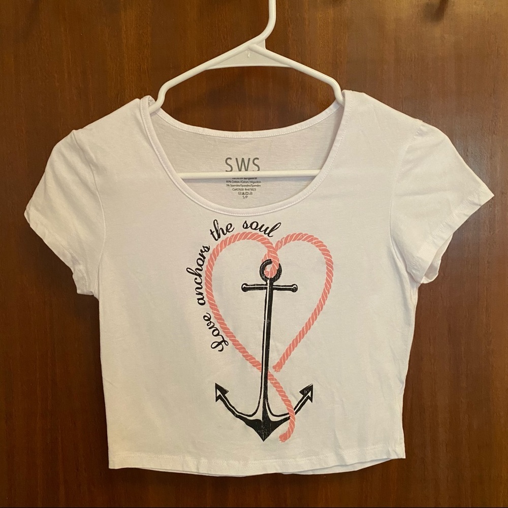 Urban Planet White Anchor Heart Short Sleeve Crop Top